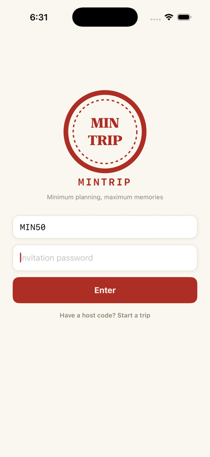 MinTrip sign-in screen with the red MinTrip seal