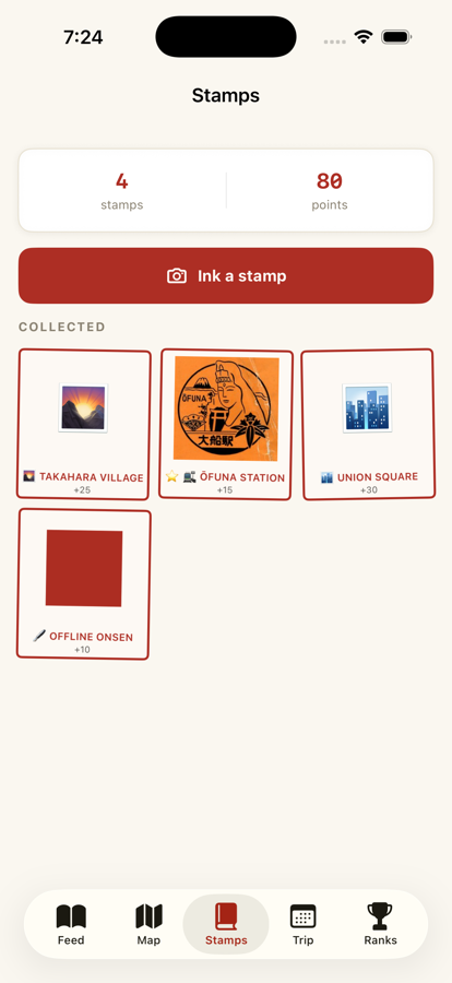 The MinTrip stamp book with collected ink stamps